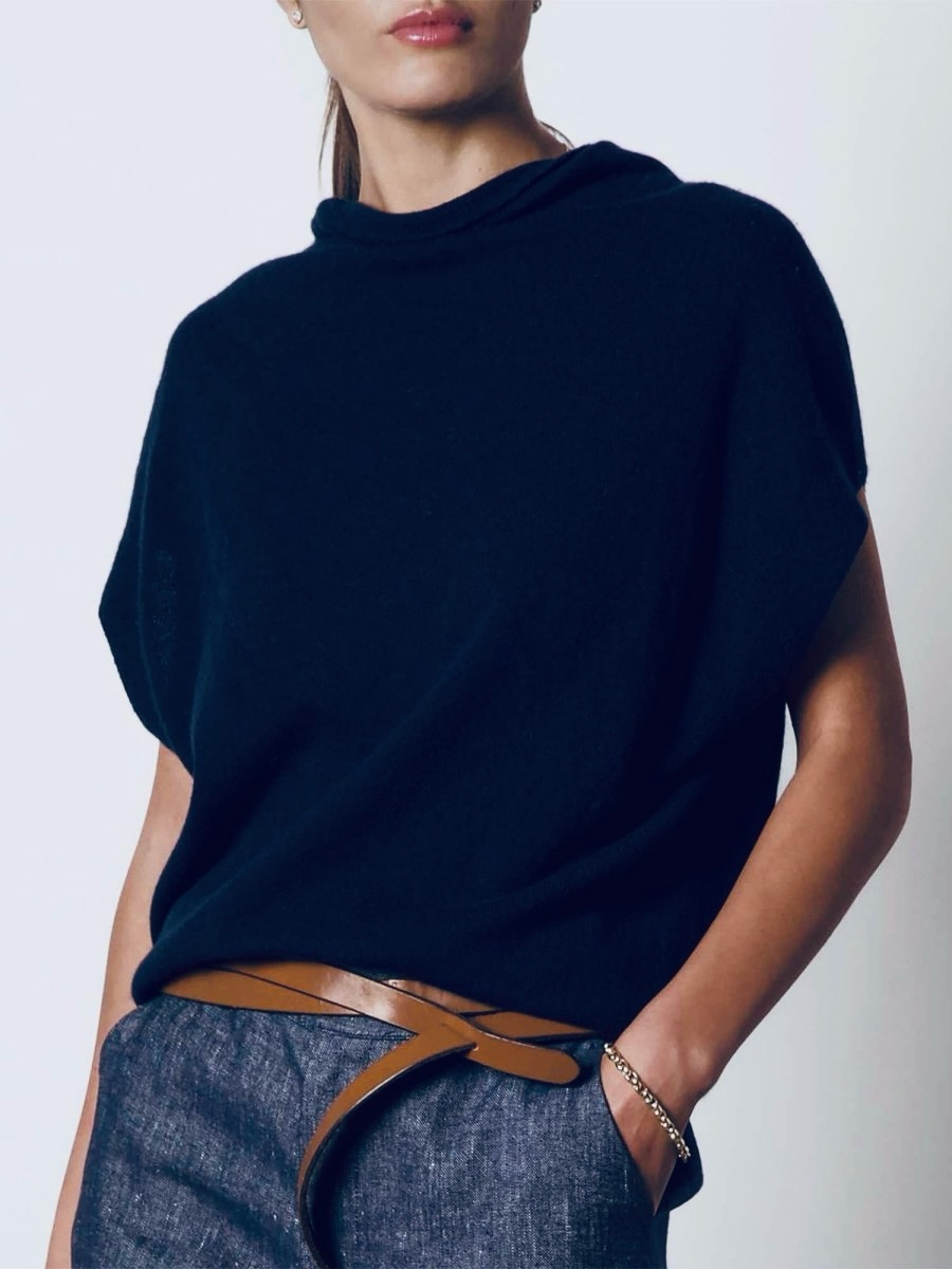 Brochu Walker Morten 100% Cashmere Funnel Neck Sweater Navy Short Sleeve M